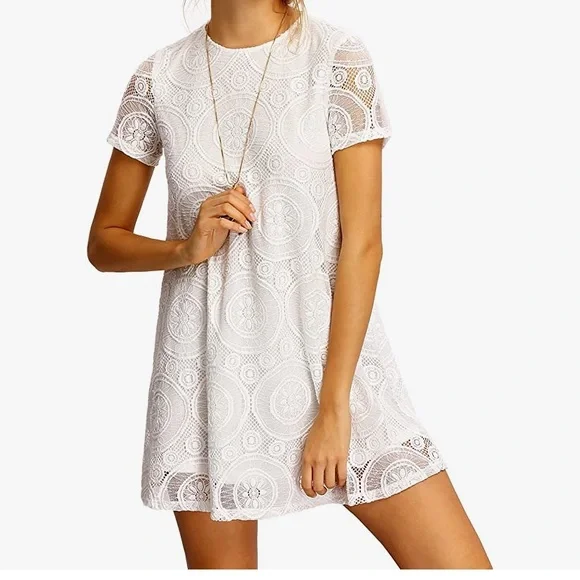 ROMWE | Dresses | White Short Sleeve Floral Summer Floral Lace Party Shift  Dress | Poshmark